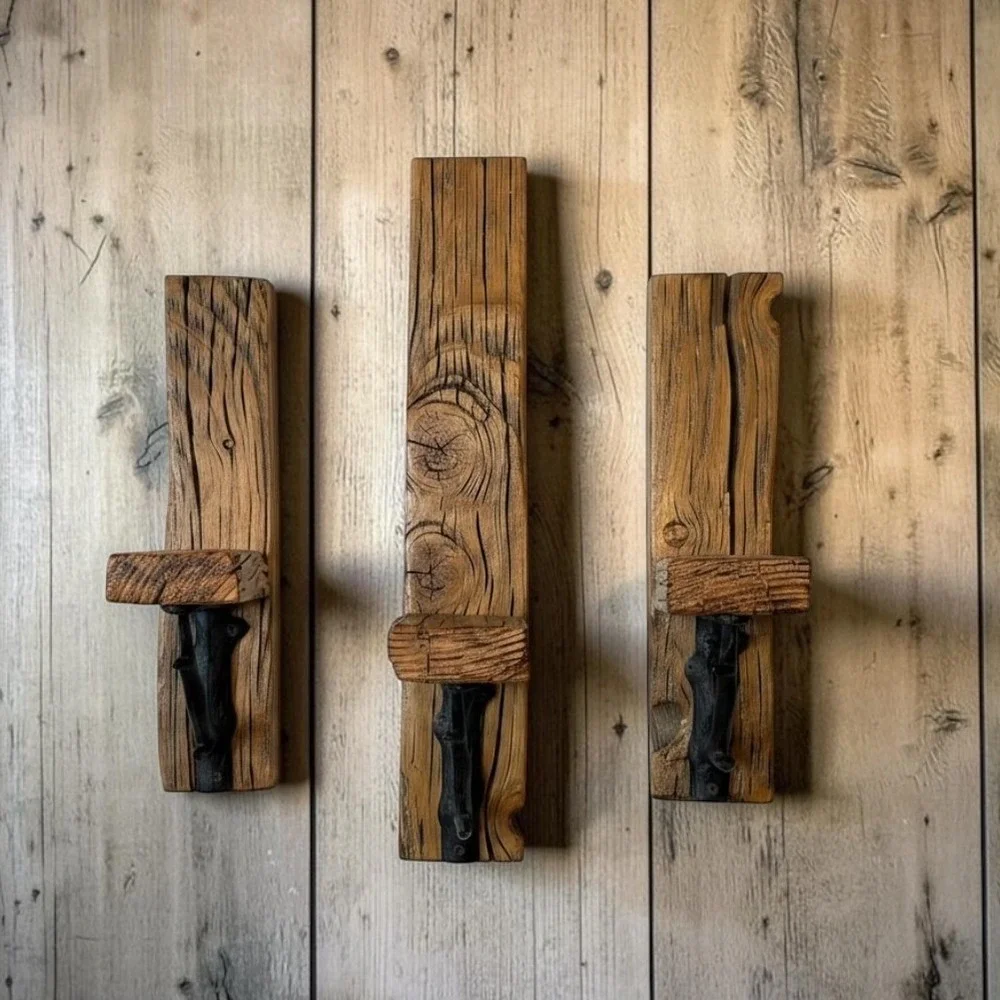 Rustic Reclaimed Wood Wall Sconce Set 3pc Floating Shelf Cast Iron‎ Branch Brown